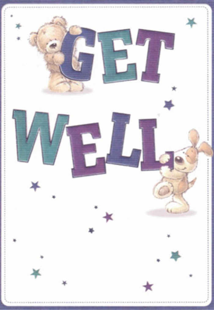 Charming illustrated get well card with a warm, childlike energy that would sit beautifully beside a bedside bouquet delivered anywhere across Cheshunt, from the quiet streets near Brookfield to the busier corners around the town centre. The main focus is a bold GET WELL message written in large, rounded block letters, painted in a pairing of deep plum purple and cool teal, with soft gradients that add playful depth and make each letter feel solid yet friendly. Nestled against the top of the word GET is a snug-looking teddy bear, rendered in gentle shades of golden brown, its fur hinted at with light, textured brushwork that suggests a soft, cuddly feel. The bear's round muzzle, small dark eyes, and subtle smile create an expression of loyal, uncomplicated affection. Down by the word WELL, a puppy with long, floppy ears and creamy-tan fur leans or balances on the letters, as if determined to help hold up the message of recovery; its bright eyes and slightly open mouth give a sense of eager companionship, like a pet waiting patiently at home for someone to feel better. Across the pale, almost white cream background, small star and sparkle motifs in hues of lilac, navy, and turquoise float in different directions, adding a sense of movement and a sprinkle of hopeful magic. The layout is open and uncluttered, allowing every element to breathe, much like a carefully spaced floral design where each bloom has room to shine. The overall impression is one of buoyant reassurance and gentle joy, ideal for anyone needing a light-hearted yet sincere wish for healing.