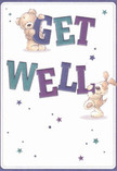 A whimsical illustrated get well card that feels as comforting as sending a soft, cheerfully coloured bouquet from a friendly Cheshunt florist. At the centre, large, rounded letters spell out GET WELL in bold shades of deep purple, indigo, and teal, the strokes shaded and slightly textured so they almost pop off the creamy white background. Perched playfully on the top of the word GET is a cuddly teddy bear, with warm honey-brown fur that looks fuzzy and inviting, button-bright eyes, and an open, gentle smile. Below, a floppy-eared puppy leans affectionately against the word WELL, its velvety tan and cream fur and wagging tail giving the scene an animated, loyal feel. Scattered around them, star shapes in soft blues, lilacs, and rich purples drift like little bursts of hope, echoing the kind of brightness you might see in a colourful get well bouquet delivered to a bedside near Cedars Park or along Turners Hill. The overall design is clean and airy, with plenty of white space so the characters and message feel light, uncluttered, and easy to read, just like a well-balanced floral arrangement. The illustration style is rounded and gentle, with no harsh lines, giving everything a childlike innocence that works beautifully for patients of any age. Viewing this card, you can almost imagine the quiet rustle of tissue paper and the soft scent of fresh flowers arriving with it in Cheshunt-a combined gesture of comfort, encouragement, and steady, heartfelt care during recovery.